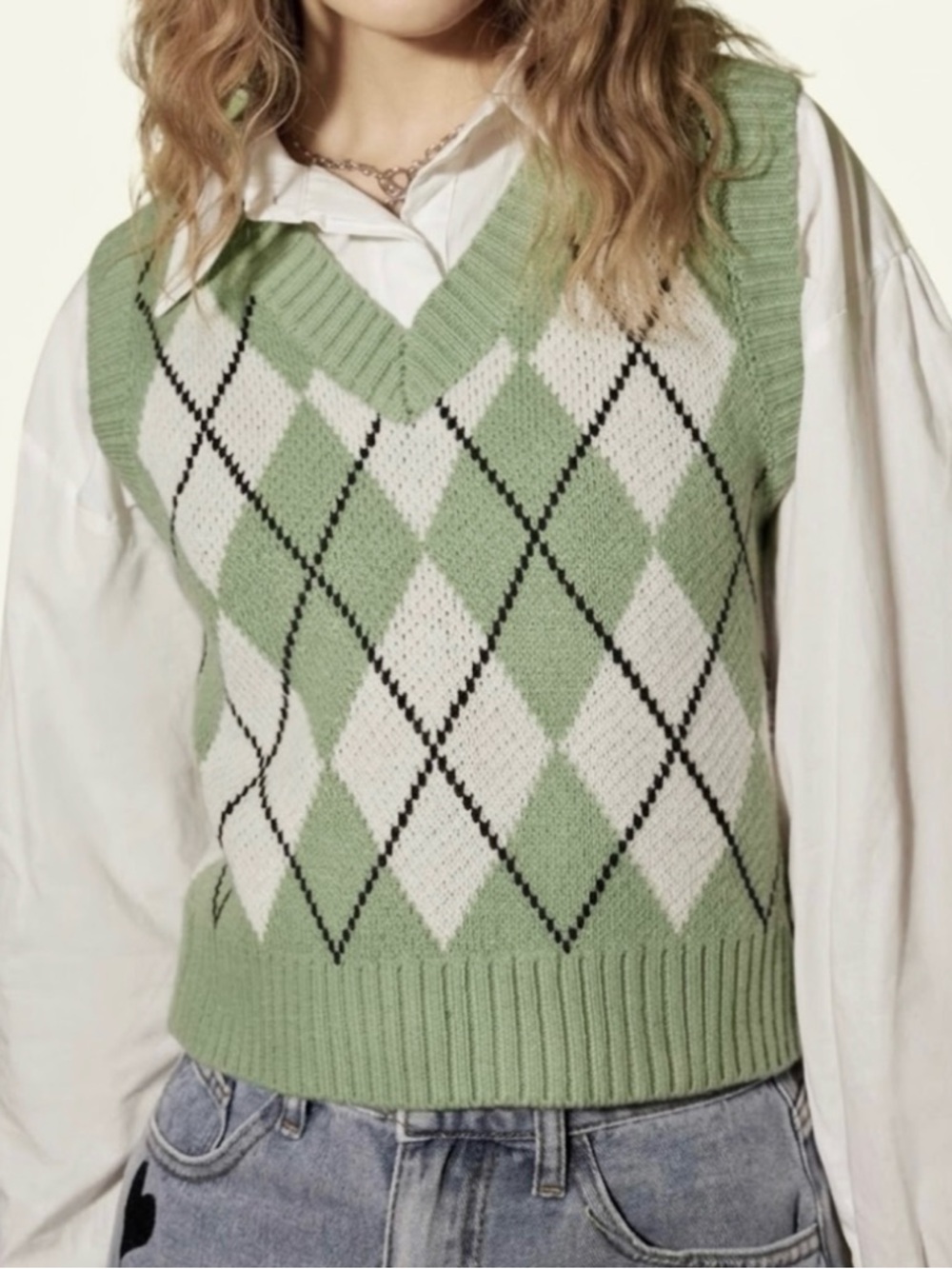 Argyle Knit V-Neck Sweater Vest Pastel Green Academia Collegiate